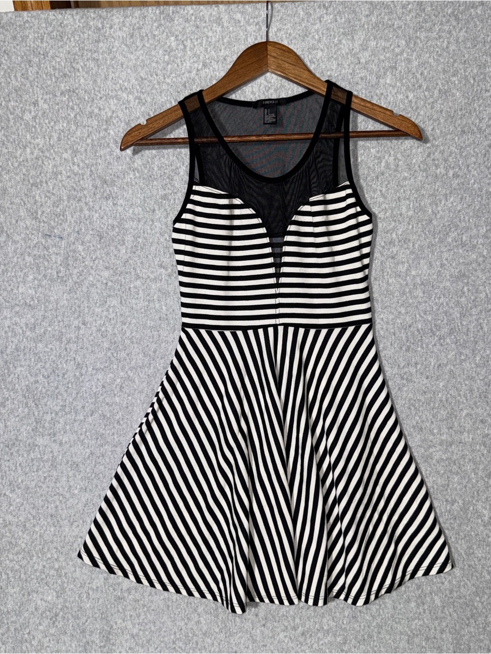 Forever 21 Black and White Striped Mesh Yoke Skater Dress